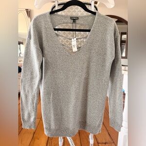 Express Oversized Light Gray V-Neck Sweater with back cut-outs